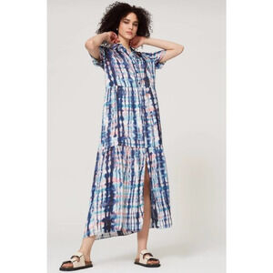 Sita Murt Tie Dye Maxi Dress Women's Short Sleeve Button Down Slit Blue 36 4